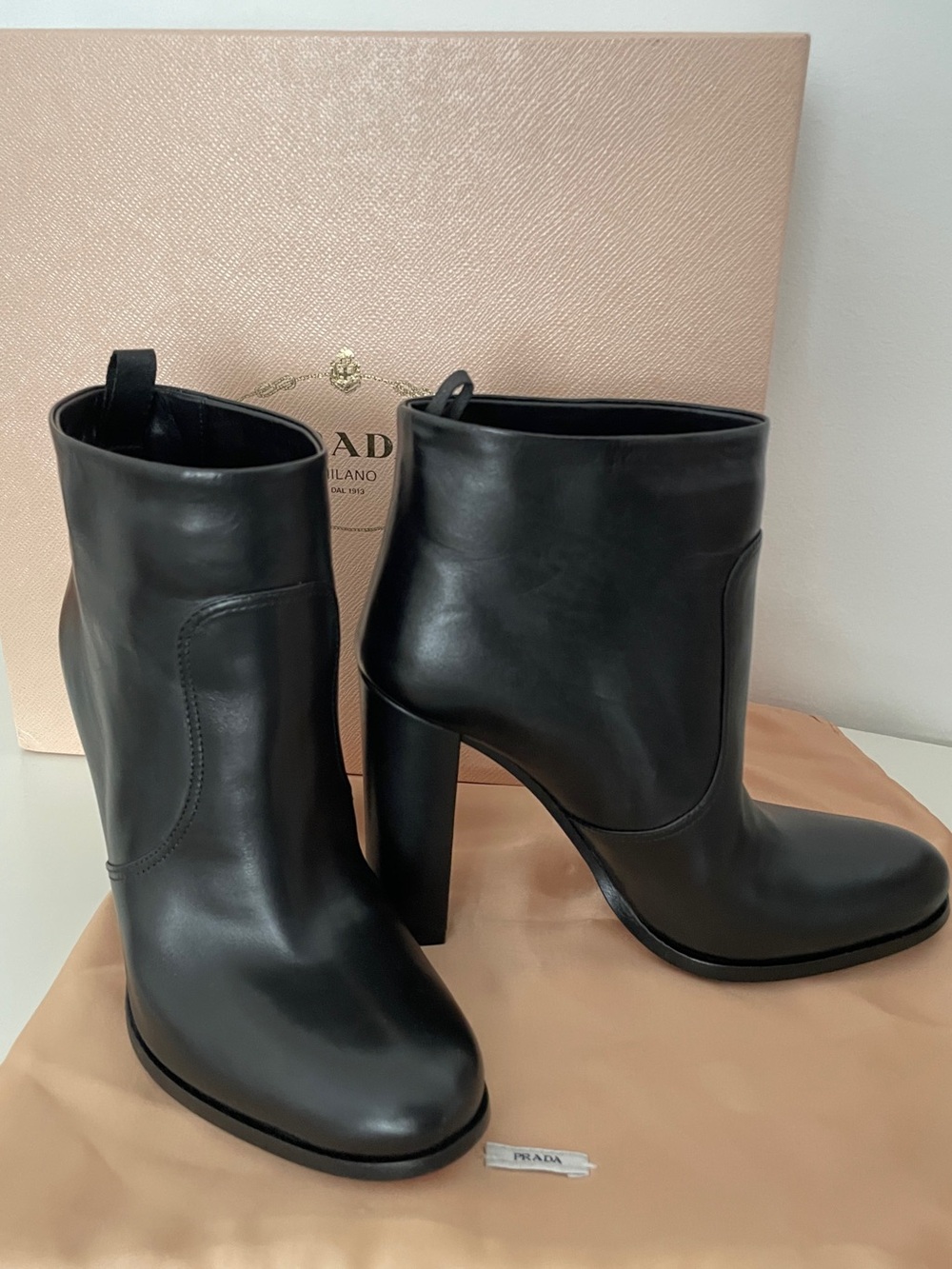 Prada Black Leather High Block-Heel Ankle Boots